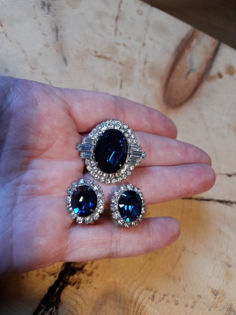 Blue Brooch and Earring Set Rhinestone Faux Gemstone Clip Ons Silver Tone